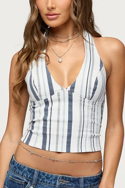 EDIKTED SOFEY STRIPED DENIM HALTER TOP IN MIX, WOMEN'S AT URBAN OUTFITTERS