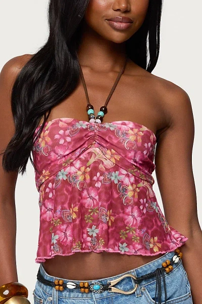 Edikted Solana Floral Cut Out Halter Top In Pink, Women's At Urban Outfitters In Purple