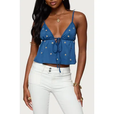 Edikted Soleil Embroidered Daisy Open Back Camisole In Blue