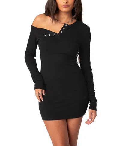 Edikted Soleste Long Sleeve Rib Henley Minidress In Black