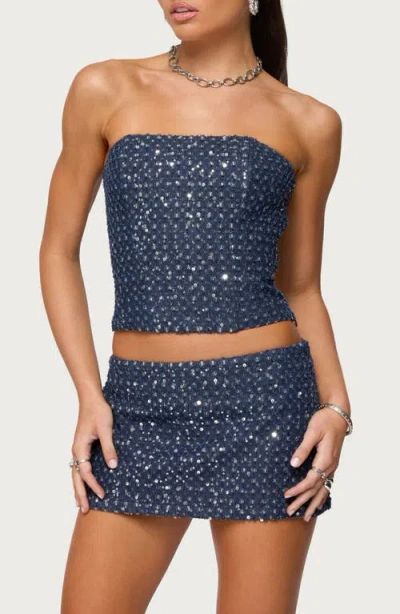 Edikted Sora Strapless Denim Crop Top In Gray