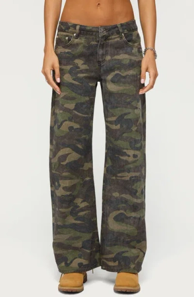 Edikted Soya Camo Print Low Rise Baggy Jeans In Green