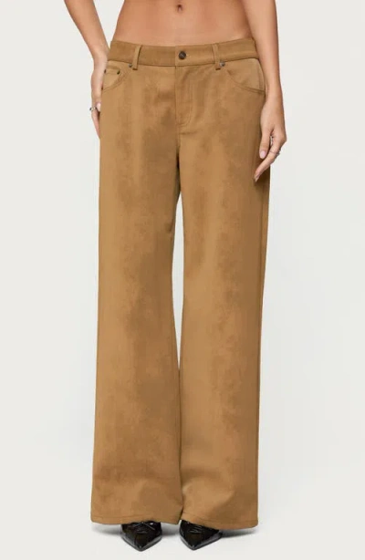 Edikted Stacey Low Rise Wide Leg Faux Suede Pants In Brown
