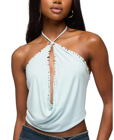 Edikted Stone Cowl Neck Knit Halter Top In Blue