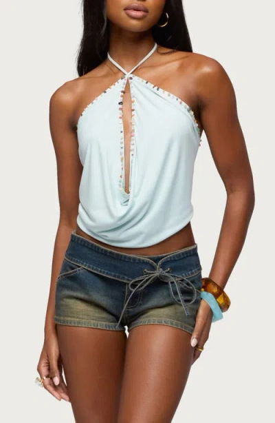Edikted Stone Cowl Neck Knit Halter Top In Blue