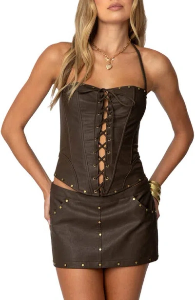 Edikted Stormi Faux Leather Lace-up Corset Halter Top In Brown