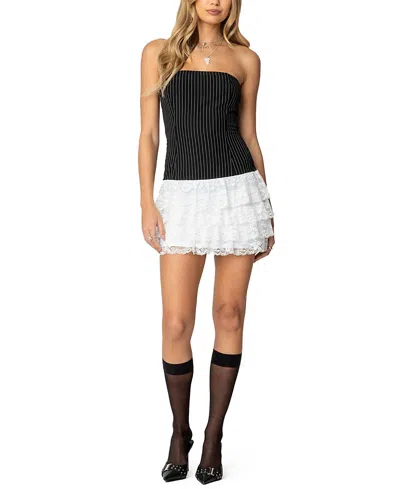 Edikted Strapless Pinstripe Ruffle Skirt Mini Dress In Black-and-white