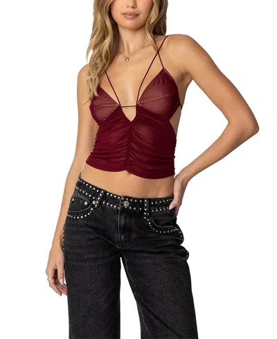 Edikted Strappy Ruched Mesh Camisole In Burgundy