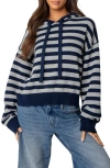 Edikted Stripe Hooded Cotton Sweater In Navy