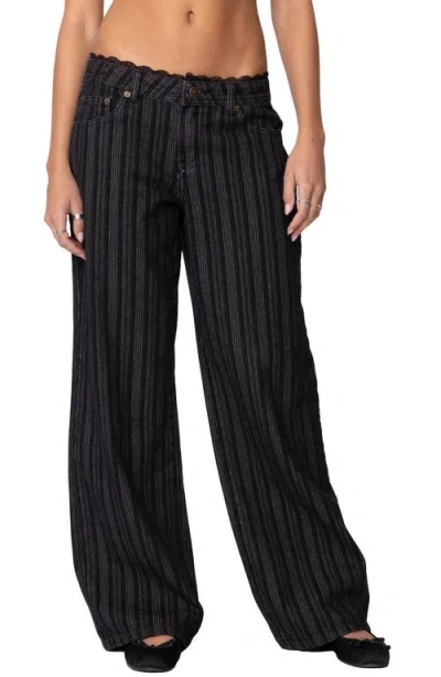 Edikted Stripe Lace Trim Low Rise Wide Leg Jeans In Black