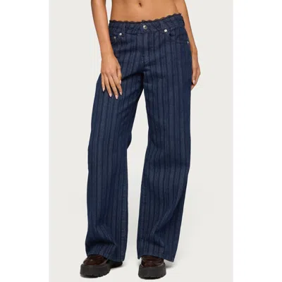 Edikted Stripe Lace Trim Low Rise Wide Leg Jeans In Blue
