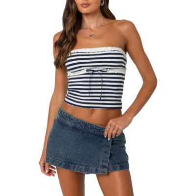 Edikted Stripe Lace Trim Tube Top In Navy-and-white