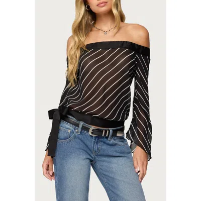 Edikted Stripe Off The Shoulder Mesh Top In Black