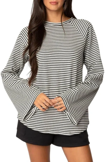 Edikted Stripe Oversize Bell Sleeve Top In Gray-melange
