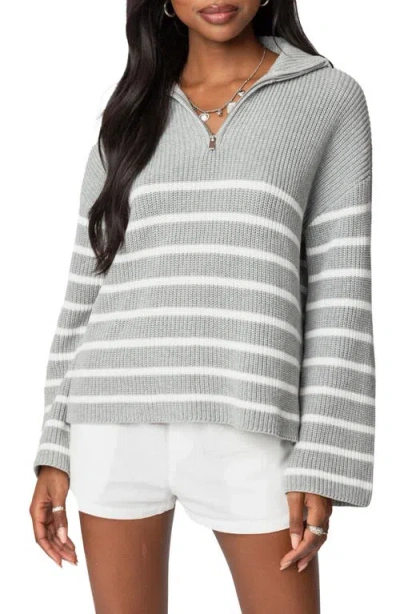 Edikted Stripe Oversize Quarter-zip Cotton Sweater In Gray-melange