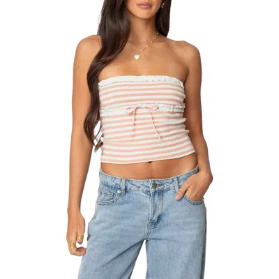Edikted Stripe Ruffle Trim Tube Top In Pink