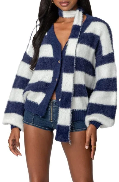 Edikted Stripe Scarf & Cardigan Set In Navy