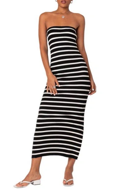 Edikted Stripe Strapless Maxi Dress In Black-and-white