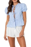 Edikted Stripe Tie Front Puff Sleeve Shirt In Blue-and-white