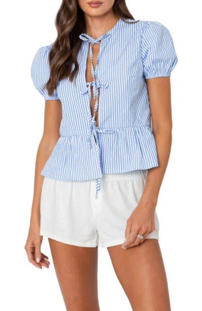 Edikted Stripe Tie Front Puff Sleeve Shirt In Blue-and-white