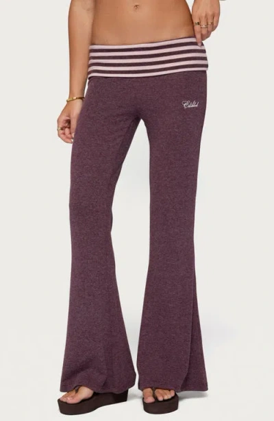 Edikted Striped Foldover Waist Flare Pants In Burgundy