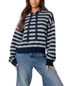 Edikted Stripe Hooded Cotton Sweater In Navy