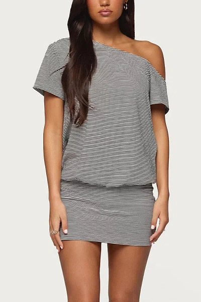 Edikted Striped Off Shoulder Cutout Mini Dress In Black/and/white, Women's At Urban Outfitters In Gray