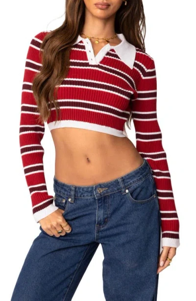 Edikted Stripey Collar Rib Crop Top In Red