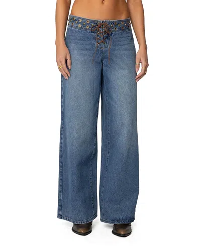 Edikted Stud & Grommet Low Rise Jeans In Blue Wash In Blue-washed