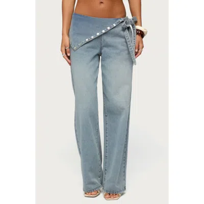 Edikted Stud Foldover Wide Leg Jeans In Blue