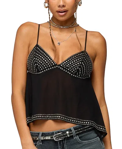 Edikted Studded Asymmetric Sheer Babydoll Top In Black