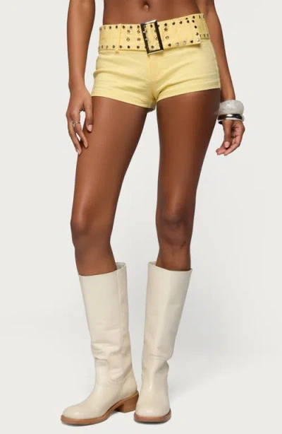 Edikted Studded Belt Denim Micro Shorts In Yellow