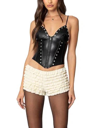 Edikted Studded Faux Leather Zip Corset Top In Black