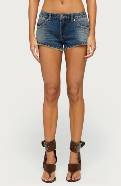 Edikted Gaya Studded Low Rise Denim Shorts In Blue