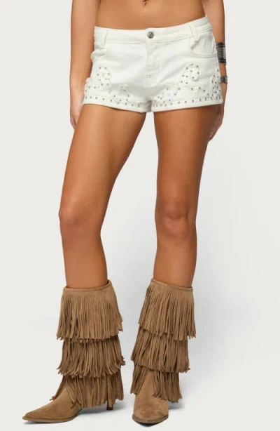 Edikted Studded Denim Shorts In White