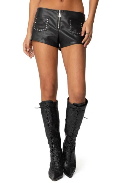 Edikted Studded Faux Leather Micro Shorts In Black