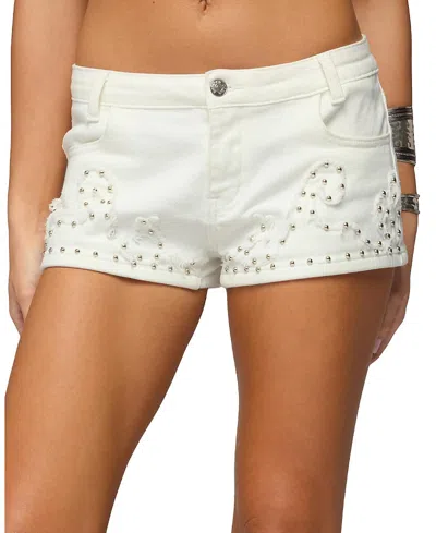 Edikted Studded Patchwork Low Rise Denim Shorts In White