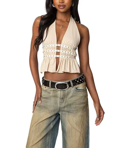 EDIKTED STUDDED SPLIT FRONT BACKLESS HALTER TOP