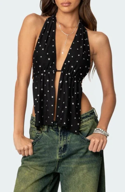 Edikted Studded Split Front Open Back Halter Top In Black