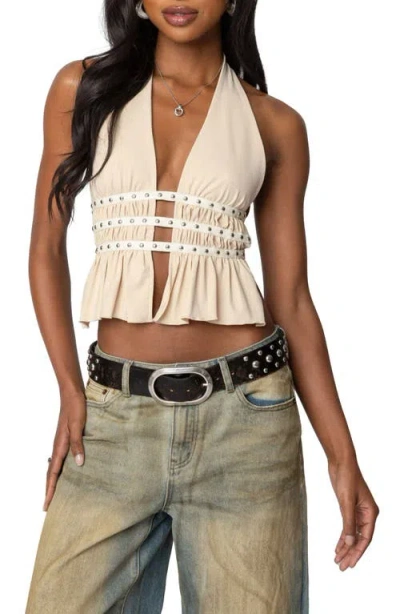 Edikted Studded Split Front Open Back Halter Top In Cream