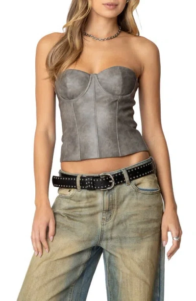 Edikted Sulivan Strapless Faux Leather Crop Top In Gray-washed