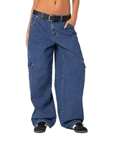 Edikted Super Oversized Belted Boyfriend Jeans In Blue Washed
