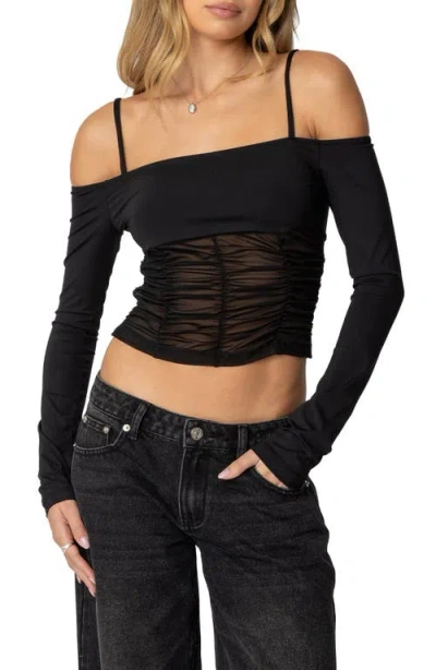Edikted Susie Cold Shoulder Mesh Crop Top In Black