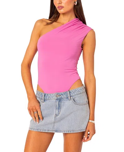 Edikted Tabby Gathered One-shoulder Bodysuit In Pink