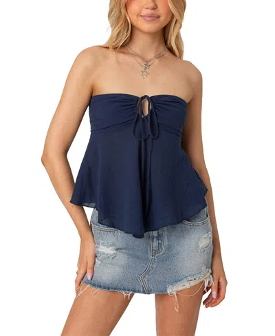 Edikted Tadria Strapless Cotton Babydoll Top In Navy