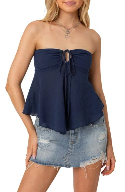 Edikted Tadria Strapless Cotton Babydoll Top In Navy