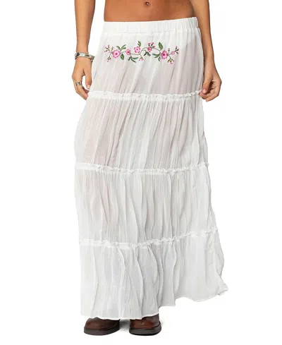 Edikted Tai Floral Embroidery Tiered Maxi Skirt In White