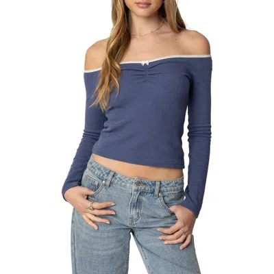 Edikted Tal Long Sleeves Off The Shoulder Top In Navy