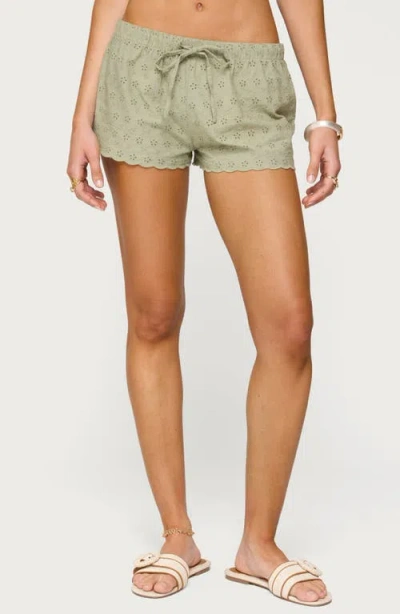 Edikted Talula Cotton Eyelet Tie Waist Shorts In Green