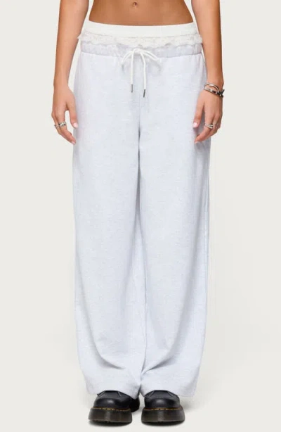 Edikted Tamia Peekaboo Lace Trim Wide Leg Pants In Black